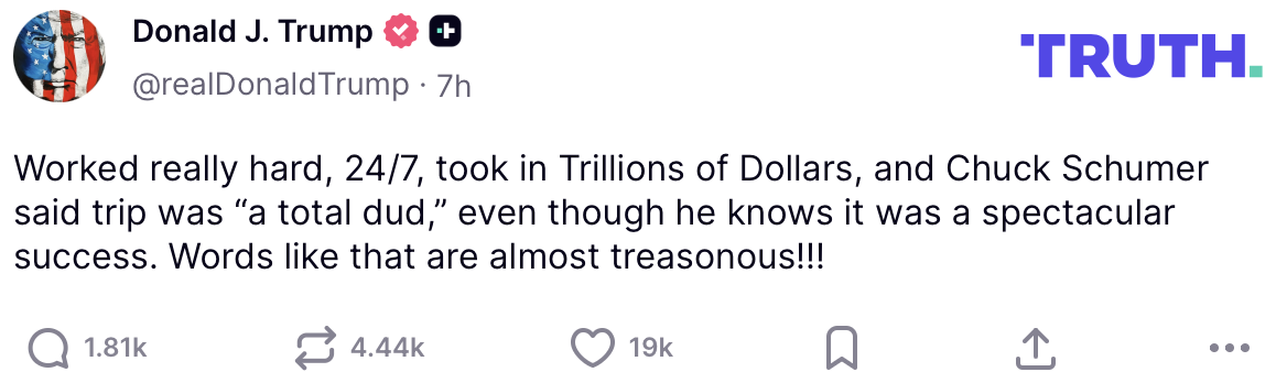 Trump Says Schumer’s Criticism Of His Asia Trip Is ‘Almost Treasonous’